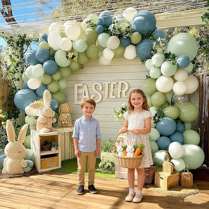 Blue Green Balloon Arch Kit Double Stuffed Dusty Mint Green Slate Blue White Pastel Olive Balloon Garland with Clear Bobo for Baby Shower Bridal Wedding Birthday Goose Easter Valentines Party Decor