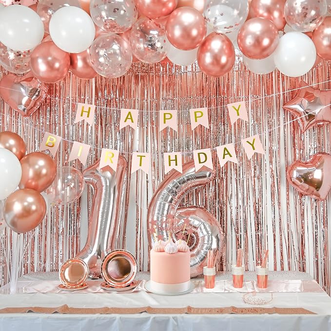 255 pcs Sweet 16 Party Decorations, 25 sets of Tableware, Sweet 16th Birthday Decorations, Rose Gold Party Decorations, 25 Tableware Sets, Balloon, Pump, Banner, Tassel Curtain for Girls