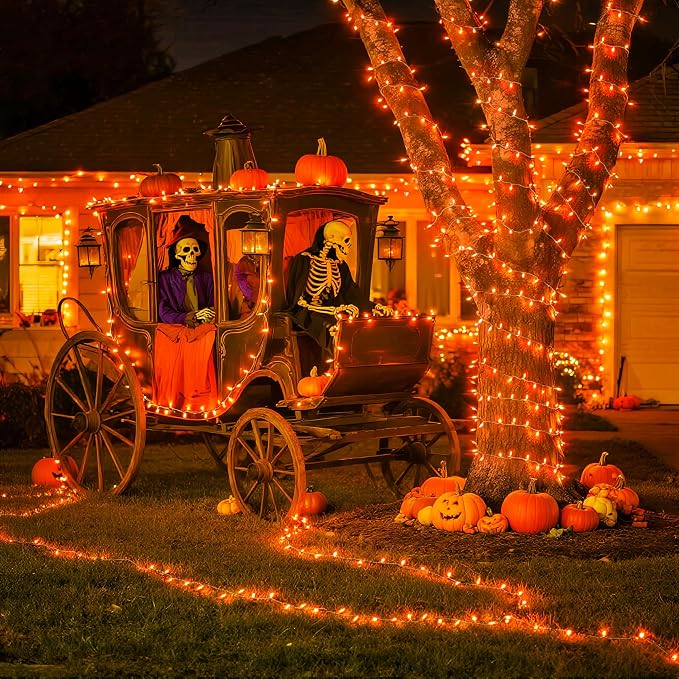 JMEXSUSS 33FT 100 LED Orange Lights for Halloween, Battery Operated Halloween Lights Outdoor Indoor, 8 Modes Remote String Lights for Yard Tree Front Porch Room House Fence Xmas Decor