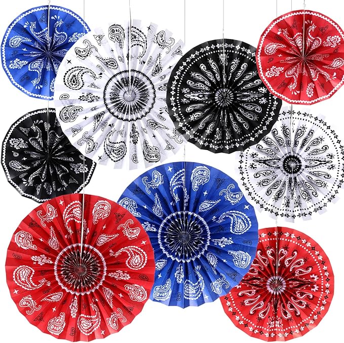 Outus 9 Pcs Western Party Decorations Paper Fans Wild West Bandana Hanging Paper Fans Ceiling Wall Garland for Western Cowboy Themed Party Decorations (Red/Blue/White/Black)