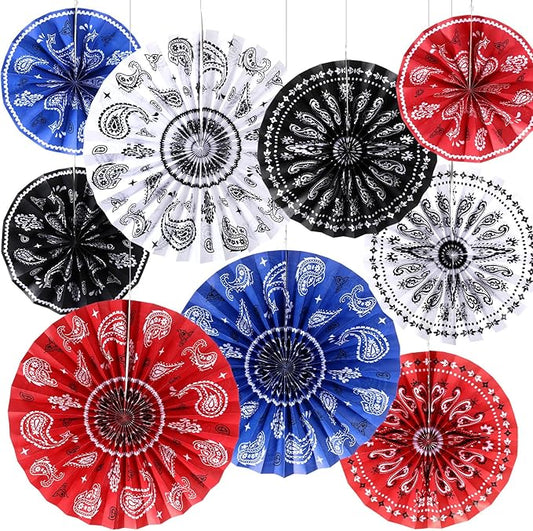 Outus 9 Pcs Western Party Decorations Paper Fans Wild West Bandana Hanging Paper Fans Ceiling Wall Garland for Western Cowboy Themed Party Decorations (Red/Blue/White/Black)