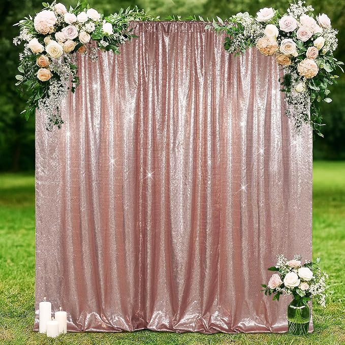 SquarePie 20x10ft Rose Gold Sequin Backdrop for Photography, Satin-Backed Real Sequin Curtain, Enhanced Coverage Shimmering Background with 4" Rod Pocket for Wedding, Birthday, Party Decor, 1 Panel