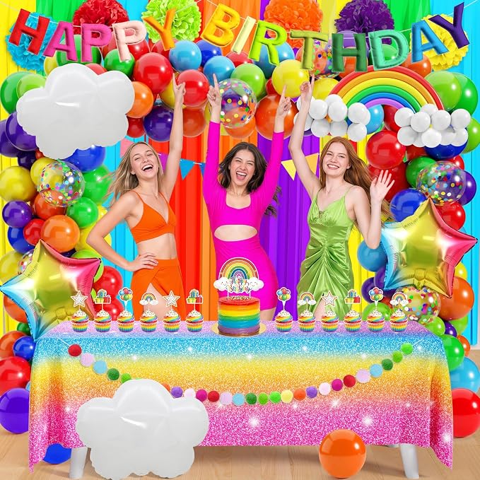 THAWAY Rainbow Birthday Party Decorations- 172 Pcs Colorful Birthday Decorations with 3D Felt Banner, Rainbow Balloon Arch Kit, Backdrop, Tablecloth and Cake Topper for Boys Girls Party Decor