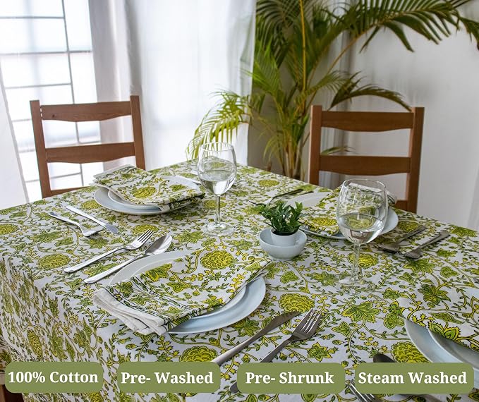 Block Print Table Cloth- 60x120 Inch Rectangle 100% Cotton Handmade Pre-Shrink, Washable for Spring, Kitchen & Dining Perfect for Chirstmas, Patio, Indoor & Outdoor, Farmhouse