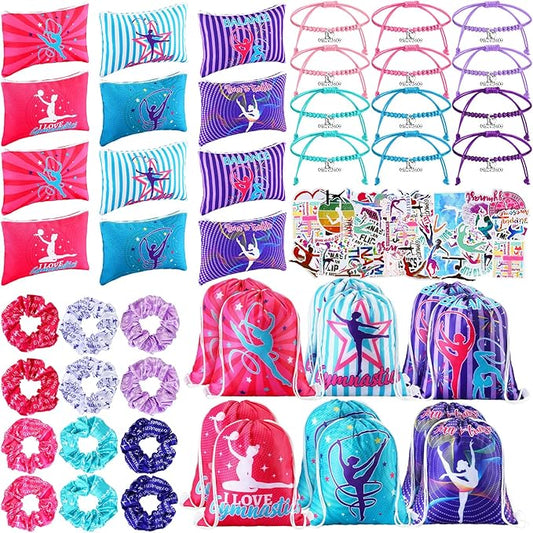 Abbylike 49 Pcs Gymnastics Party Favor Set 12 Makeup Bag 12 Bracelet 12 Drawstring Backpack 12 Hair Ties 1 Set Gymnastic Stickers for Women Girl Gym Sport Yoga