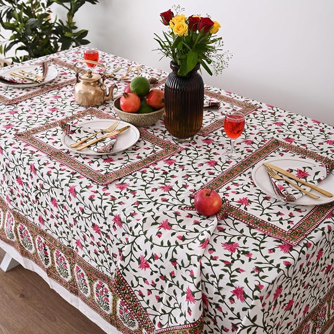 Hand Block Printed Tablecloth, Colorful Floral Print, Indian Artisan Handmade Art, Dining Room, Kitchen, Outdoor Décor, (Rosy Elegance, 12 Seater 72 x 135 Inches Rectangle)