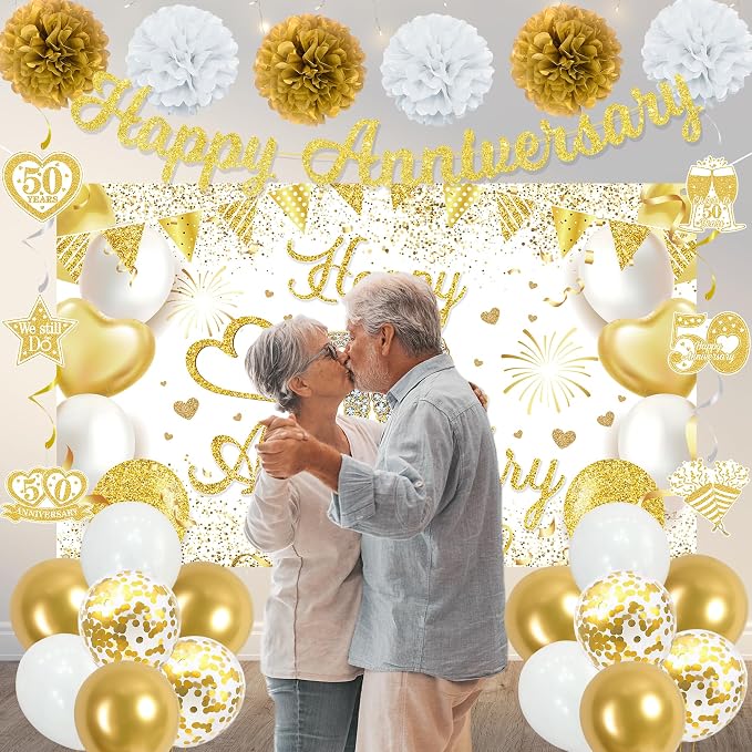 Vlipoeasn 50th Anniversary Decorations for Couple, White Gold Cheers to 50 Years Wedding Party Supplies, 50th Anniversary Backdrop Glitter Gold Banner, Cake Topper, Honeycomb, Hanging Swirl for Party