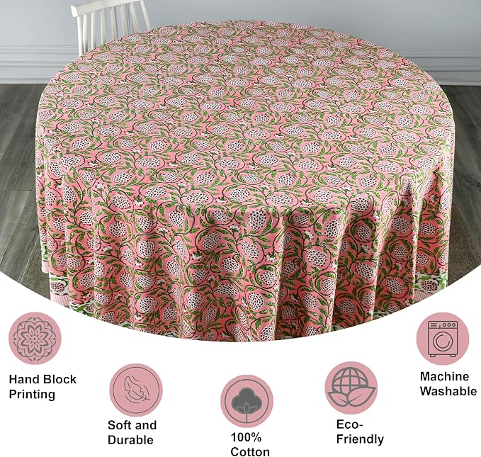 Ridhi Round Tablecloth Hand Block Print 100% Cotton Reusable Strawberry Pink 60 Inch Table Cover Decorative Everyday Use for Dining, Home, Farmhouse Gift for Spring, Mother's Day
