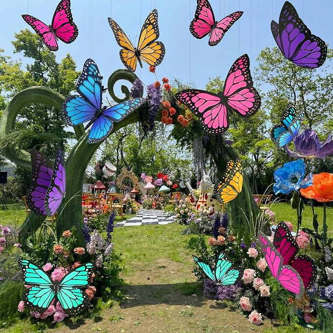 18 Pcs Large Butterfly Party Decorations 3D Paper Butterfly Hanging Decor 2 Sizes Bright Color Paper Butterflies Birthday Party Supplies for Wedding Spring Baby Shower Room Ceiling Decor
