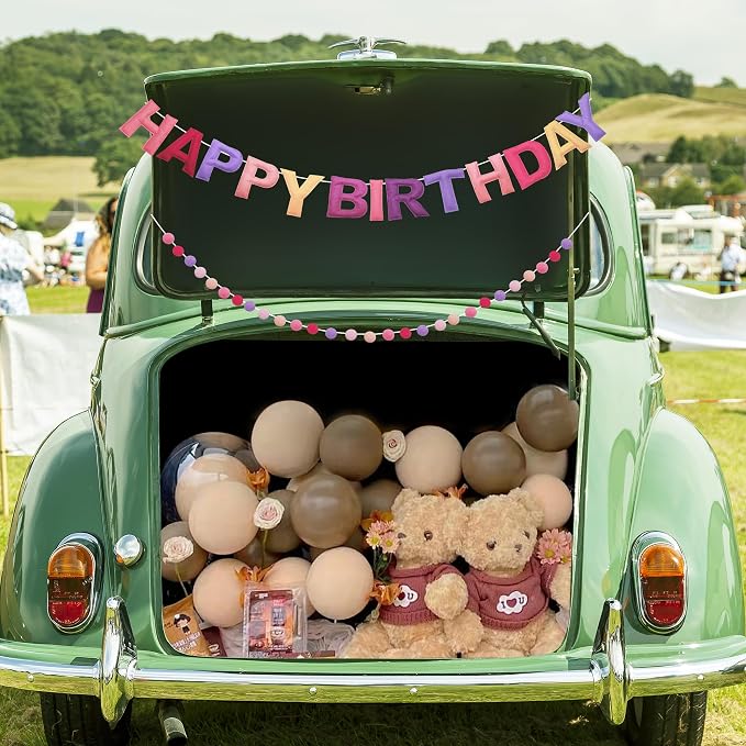 2 PCS Pre-Strung 3D Felt Happy Birthday Banner - Reusable Happy Birthday Decorations Sign, Felt Ball Garland, Pom Pom Garland, Party Decor, Photo Prop（pink & purple）