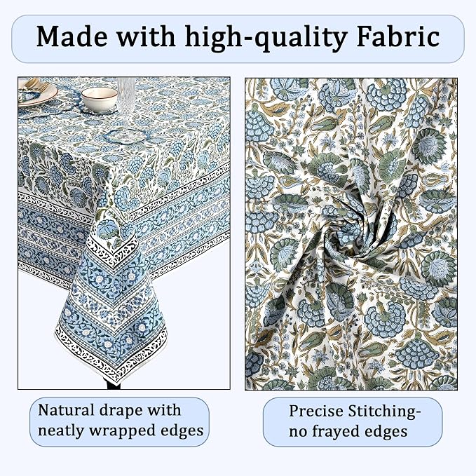 Ridhi Asparagus Green Hand Block Print Cotton Rectangle Tablecloth 190" x 72" inches Reusable Table Cover Decorative Everyday Use for Dining Room, Farmhouse, Home Gift for Spring, Mother's Day