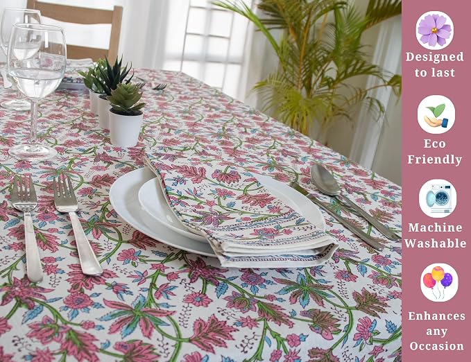 Block Print Table Cloth- Pink 60x108 Inch Rectangle 100% Cotton Handmade Pre-Shrink, Washable for Spring, Kitchen & Dining Perfect for Chirstmas, Patio, Indoor & Outdoor, Farmhouse