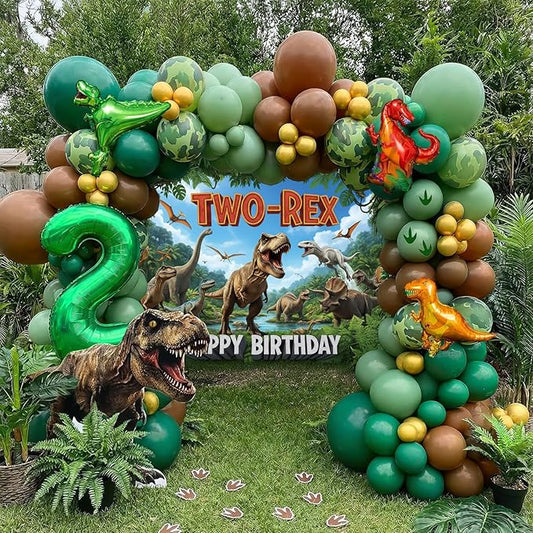 Dinosaur Two-Rex Birthday Decorations include Hunter Green Brown Gold balloon arch & small Dino Foil balloons & backdrop & footprint stickers for Kids Boys Jungle Safari Dino 2rd Party Supplies