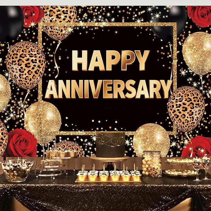 Leopard Print Happy Anniversary Backdrop 7Wx5H Feet Polyester Fabric Black Gold Red Cheetah Print Decoration Balloon Rose Cool Party Celebration Photography Background Photo Shoot Props