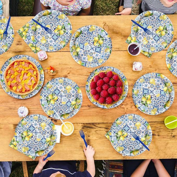 72Pcs Capri Lemon Party Decorations Blue Tiles Yellow Lemon Plates and Napkins Amalfi Coast Party Decorations for Summer Capri Lemon Coast Birthday Bridal Shower Party Supplies Serves 24