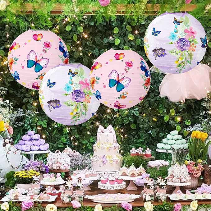 Butterfly Paper Lanterns Butterfly Hanging Decorations Round Pink Paper Lanterns Ceiling Decorations for Birthday Baby Shower Theme Party Supplies Room Decor