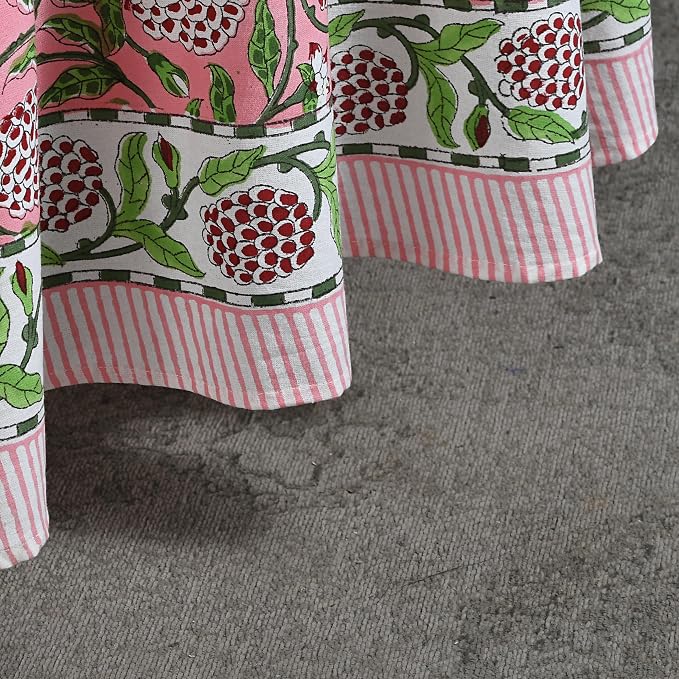 Ridhi Round Tablecloth Hand Block Print 100% Cotton Reusable Strawberry Pink 120 Inch Table Cover Decorative Everyday Use for Dining, Home, Farmhouse Gift for Spring, Mother's Day