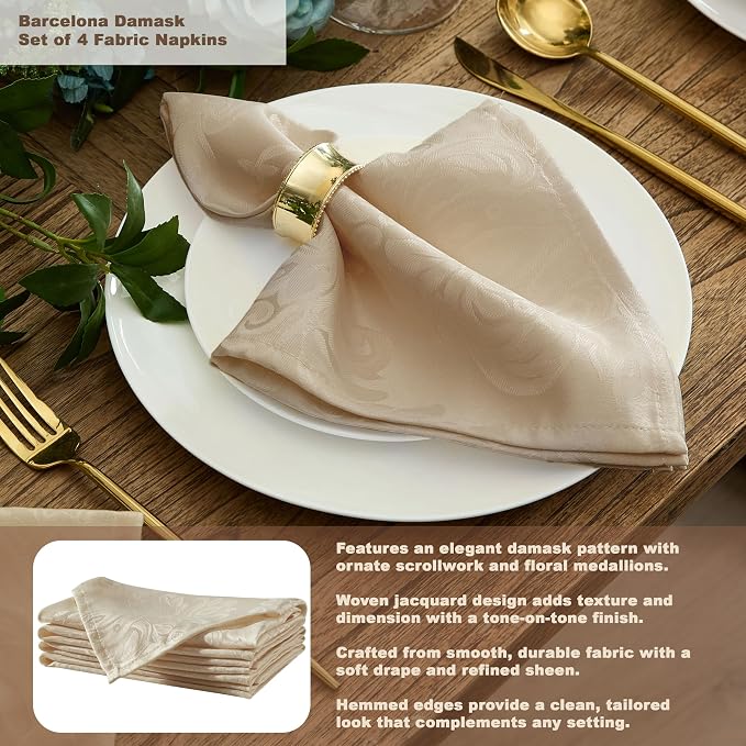 Newbridge Barcelona Luxury Damask Fabric Tablecloth, 108” Round, Golden Beige, 100% Polyester, No Iron, Soil Resistant Dining Room, Party and Banquet Table Cover