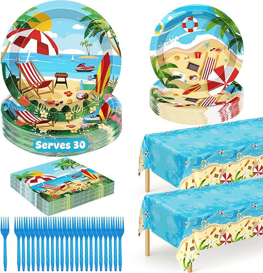 QZYL 122PCS Summer Plates and Napkins, Disposable 9" and 7" Beach Paper Plates Summer Party Decorations, Seaside Plates, Napkins, Forks, Tablecloths Serves 30, Birthday Picnic Beach Party Decorations