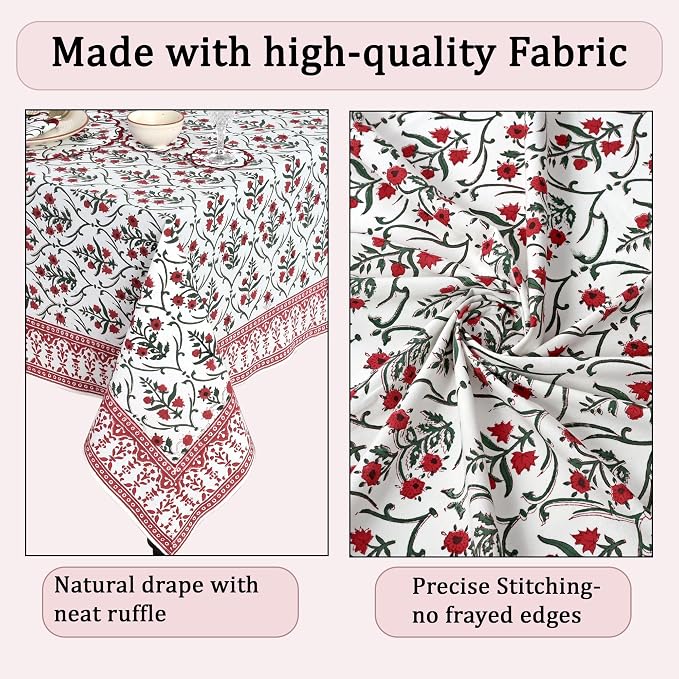 Ridhi Ruby Red Hand Block Print Cotton Rectangle Tablecloth 90" x 60" inches Reusable Table Cover Decorative Everyday Use for Dining Room, Farmhouse, Home Gift for Spring, Mother's Day