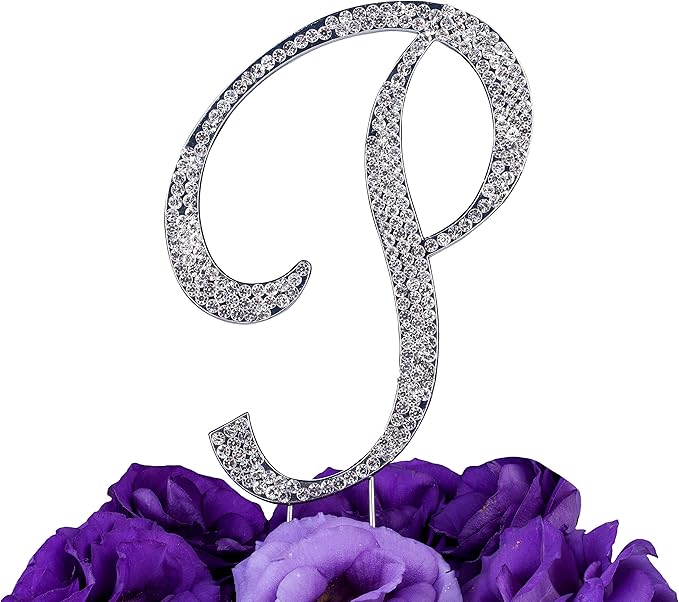 LOVENJOY Gift-Boxed 3.3" Rhinestone Letter P Cake Topper Silver