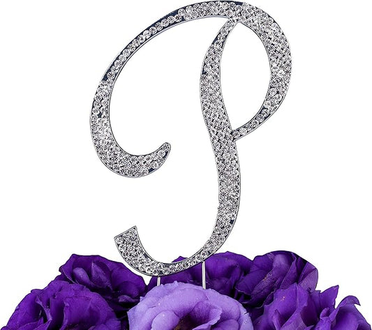 LOVENJOY Gift-Boxed 3.3" Rhinestone Letter P Cake Topper Silver