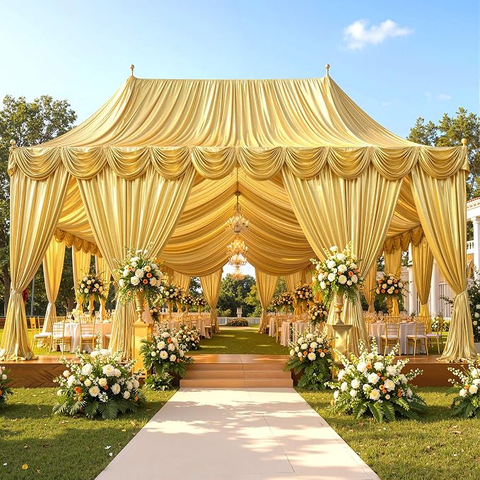 4 Panels 5x40ft Gold Ceiling Drapes for Wedding Parties, Wrinkle Free Thick Polyester 40ft Extra Long Wedding Draping Arch Drapery for Birthday Party Canopy Tent Decor