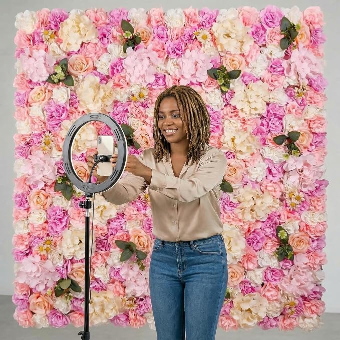 3D Flower Wall Backdrop 6 Pack, 24x16 Inch Pink & Purple Artificial Rose Panels for Wedding, Party, Photo Studio, Home & Fence Decor
