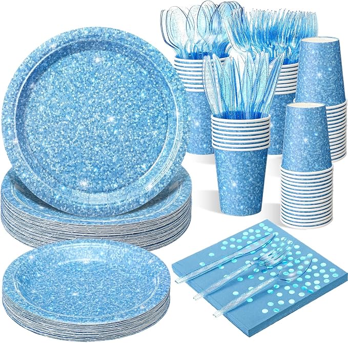 Hushee 175 Pcs 25 Guests Light Blue Paper Party Plates and Cups Napkins Sets Holographic Glitter Disposable Dinnerware Plastic Forks Knives Spoons Birthday Bachelorette Wedding Party Supplies