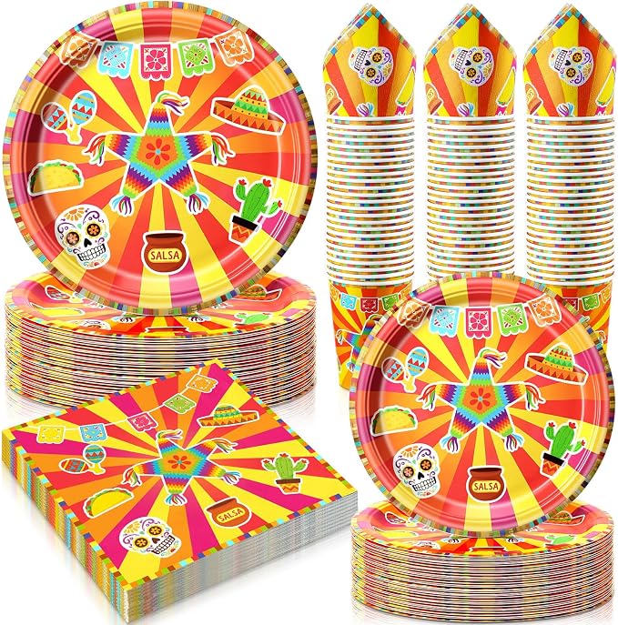 Jenaai 200 Pcs Fiesta Tableware Set Serve for 50 Guests Mexican Birthday Party Decorations Cinco De Mayo Party Supplies 9" Dinner Plates 7" Dessert Plates Cups and Napkins for Dinnerware Disposable