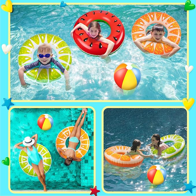 90shine 7-Pack Fruit Pool Floats Floaties: Inflatable Swim Rings & Beach Balls for Summer, Tropical Pool Party Decorations, Floating Tubes Toys for Kids Adults