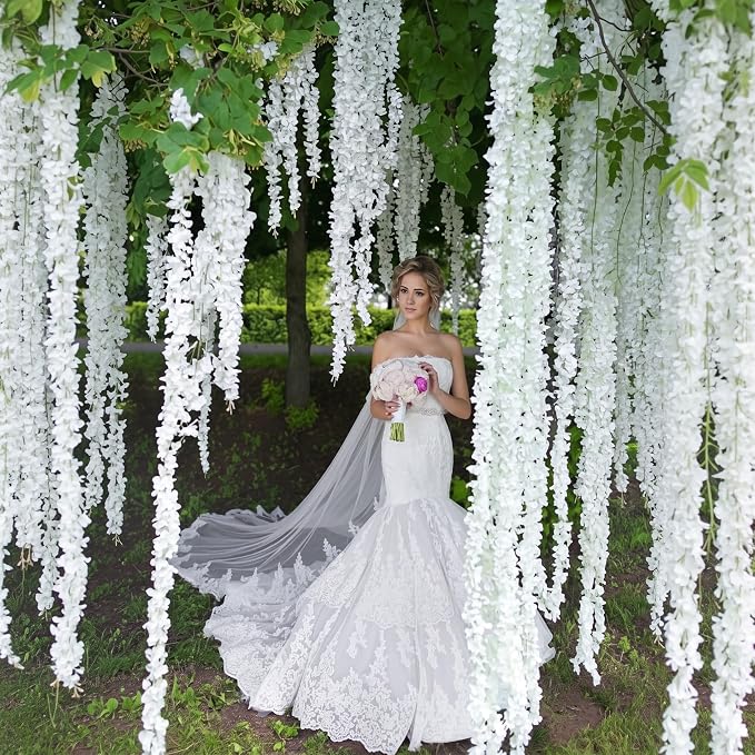 36 Pcs Fairy Party Garland Decorations Set Artificial Wisteria Hanging Flower Garland Wisteria Vines Greenery Whimsical Ceiling Decor for Classroom Wedding Party Indoor Outdoor Garden(White)