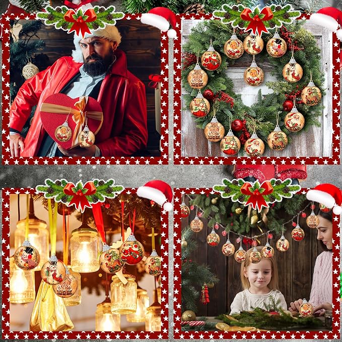 Outus 16 Pcs Christmas Tree Ball Ornaments Vintage Christmas Decorations for Tree Colorful Xmas Decorative Santa Claus Snowman Hanging Ball for Farmhouse Home Fireplace Decor Holiday Party Favors