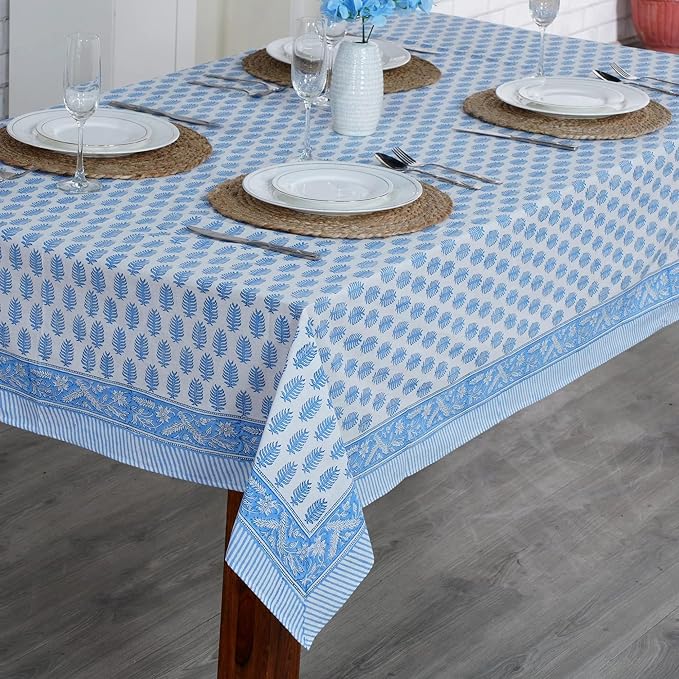 Ridhi Cerulean Blue Hand Block Print Cotton Rectangle Tablecloth 118" x 70" inches Reusable Table Cover Decorative Everyday Use for Dining Room, Farmhouse, Home Gift for Spring, Mother's Day