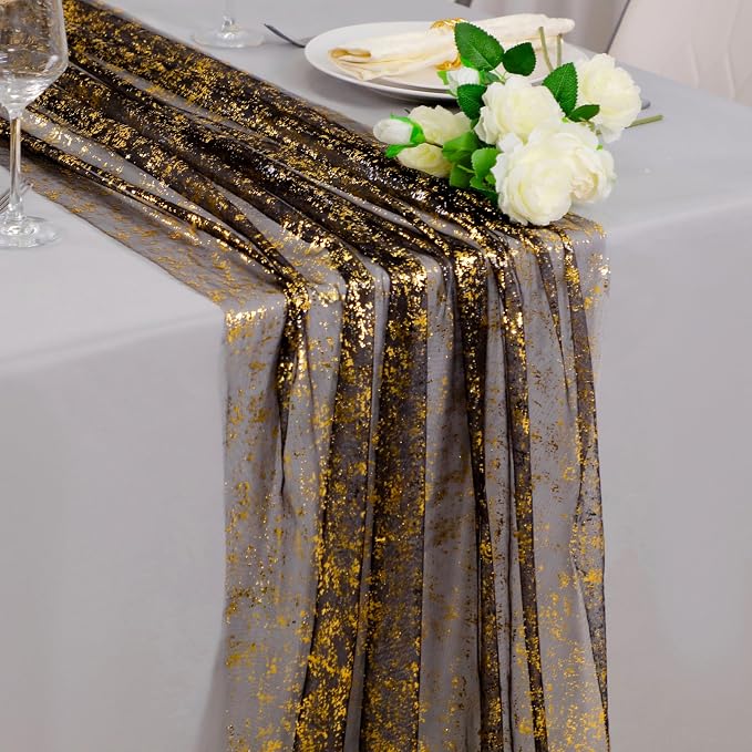 Snowkingdom 3 Pcs Black Gold Gauze Table Runner 10 FT 120 Inch, Sparkle Sheer Glitter Metallic Foil Tulle Mesh Cheesecloth Golden Table Centerpieces Decoration for Party Wedding Anniversary
