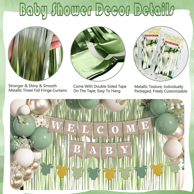 Sage Green Baby Shower Decorations, Green Balloonswith WELCOME BABY Banner, Fringe Curtains Foil Balloons, Cake Topper,Pom Poms Flowers, Neutral Gender Reveal Birthday Party Supplies