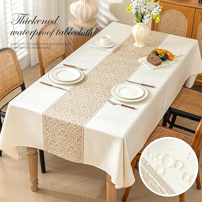 Nordic Beige Round Tablecloth, Premium Drape, Water & Stain Resistant, Elegant Rectangle Table Cover for Dining, Kitchen, Party, Home Decor