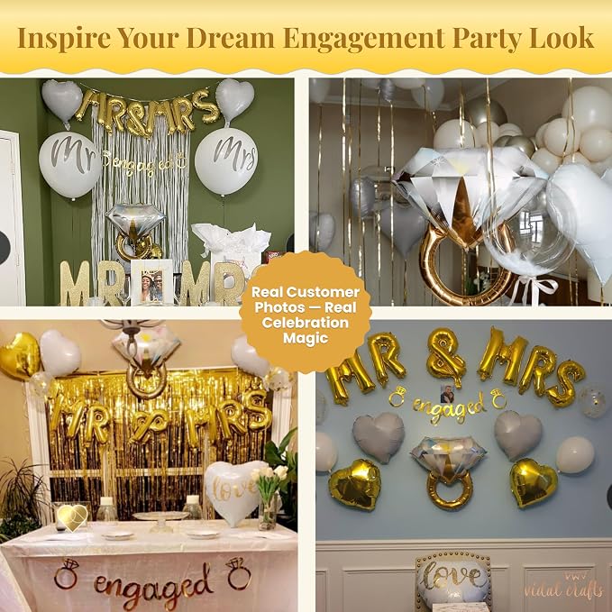 VIDAL CRAFTS Gold Engagement Party Decorations - White & Gold Decor with Engaged Banner, Mr and Mrs Balloons, Latex Heart Confetti Balloons, Engagement Ring Balloon