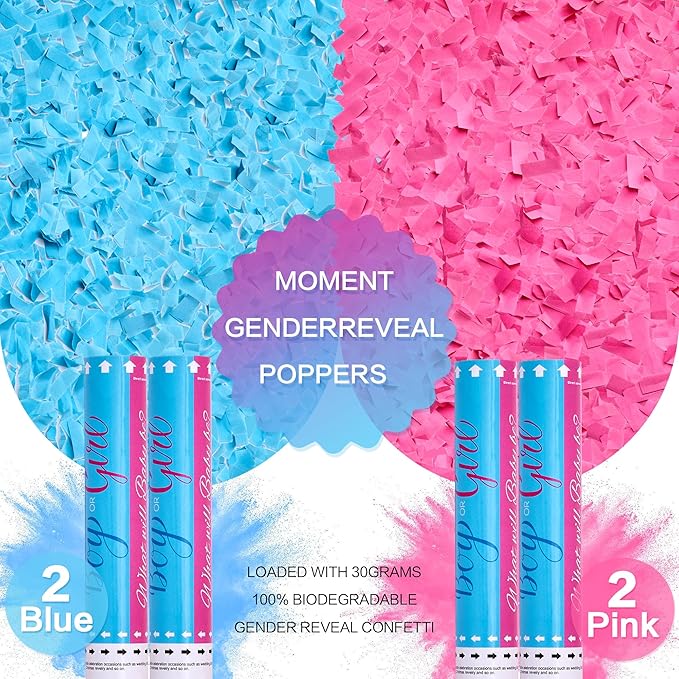Confetti Cannon Gender Reveal 12 inch Powder Confetti Poppers for Boy or Girl Set of 4 Gender Reveal Decorations Smoke Cannon Party Poppers for Gender Reveal Party Blue or Pink Confetti Powder Poppers