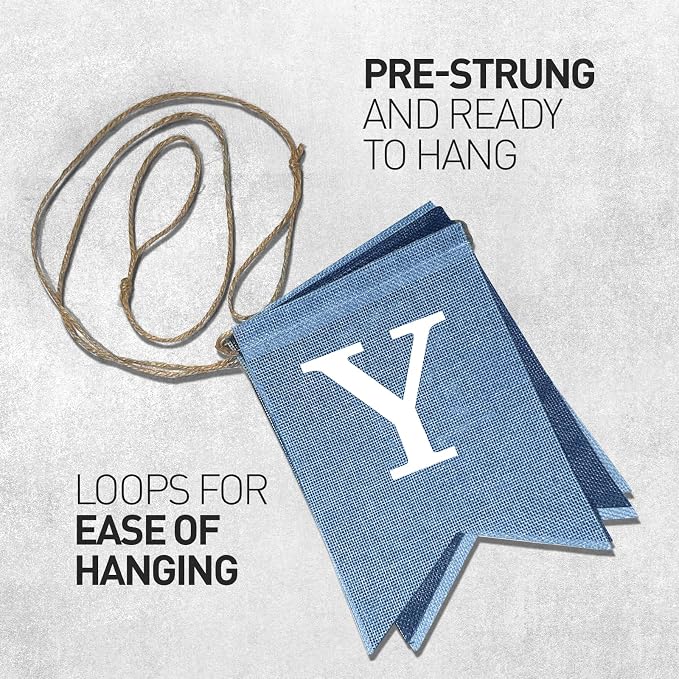 Pre-Strung Blue Happy Birthday Banner, No DIY Burlap Banner, Colorful Party Decorations for Boys, Reusable Fabric, Ready to Hang Birthday Decor