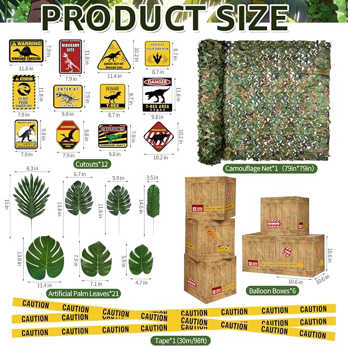 BORAMDO Jurassic Park Birthday Decorations, Dinosaur Centerpieces Party Supplies, Themed Boxes, Camo Netting, Paper Signs, Artificial Leaves, Yellow Caution Tapes