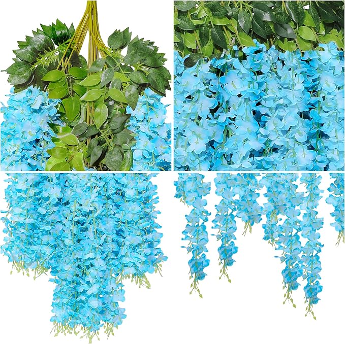 U'Artlines 24 Pack(Total 86.4 Feet) Artificial Fake Wisteria Vine Rattan Hanging Garland Silk Flowers String Home Party Wedding Decor (24, Blue)
