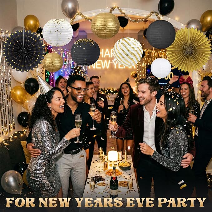 Black and Gold Party Decorations Set with Hanging Paper Lanterns Fans for Graduation Decorations 2026 50th 60th Birthday Wedding Anniversary New Year Eve Baby Shower