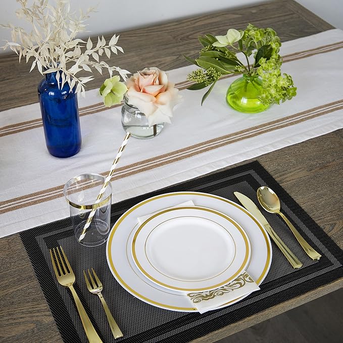 Neatiffy100 Pcs Gold Rim Plastic Dinnerware Set (50 Guest) | 50 x (Dinner Plate, Dessert Plate) | For Wedding, Luxurious Party, Special Event