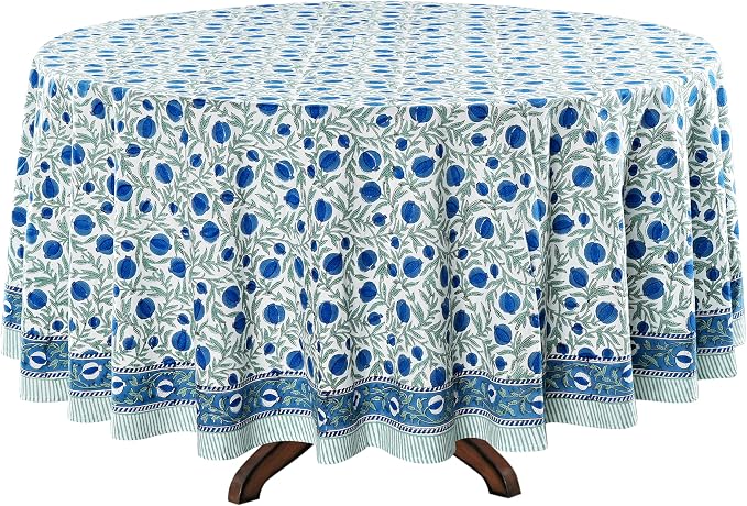 Ridhi Round Tablecloth Hand Block Print 100% Cotton Reusable Queen Blue 60 Inch Table Cover Decorative Everyday Use for Dining, Home, Party, Wedding, Farmhouse, Party Gift for Spring, Mother's Day