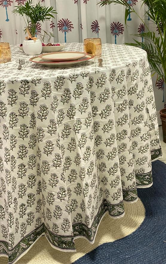Ridhi Round Tablecloth Hand Block Print 100% Cotton Reusable Evergreen 90 Inch Table Cover Decorative Everyday Use for Dining, Home, Party, Wedding, Farmhouse, Party Gift for Spring, Mother's Day