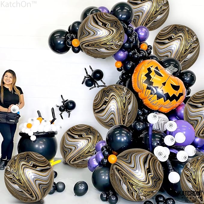 KatchOn, Black and Gold Marble Balloons - Big 22 Inch, Pack of 12 | 4D Marble Black and Gold Balloons for Birthday Party Decorations | Agate Balloons for Retirement, Dance Party Decorations