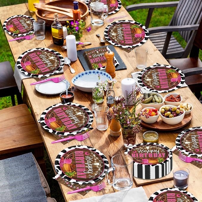 gisgfim 200pcs Cowgirl Birthday Party Decorations - Western Plates, Napkins & Disposable Forks - Pink Cow Western Girl Rodeo Tableware Set - Serves 50