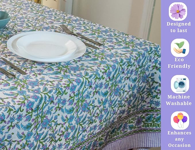 Purple Block Print Table Cloth- 60x90 Inch Rectangle 100% Cotton Handmade Pre-Shrink, Washable for Spring, Kitchen & Dining Perfect for Chirstmas, Patio, Indoor & Outdoor, Farmhouse