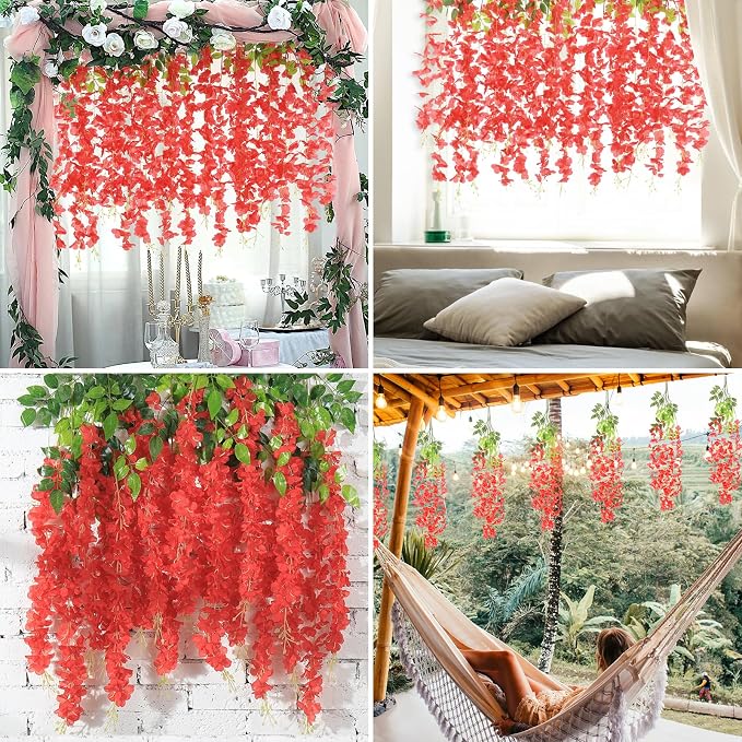 BLEUM CADE Artificial Wisteria Hanging Flowers, 10 Pcs Red, 3.6Ft/Pcs, Decorative Plant Garland for Home, Wedding, Party Decorations